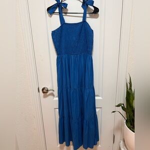 2 Chic Blue Smocked Tie String Sleeve A-Line Maxi Dress